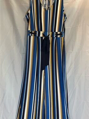 Wrapper Striped Sleeveless V-Neck Jumpsuit in Blue, White & Yellow